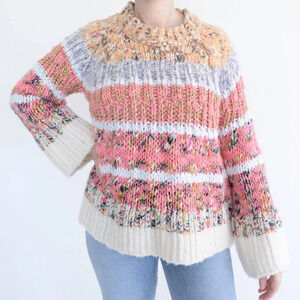 Anthropologie Kahlo Striped Pink & Cream Chunky Knit Crewneck Sweater  S